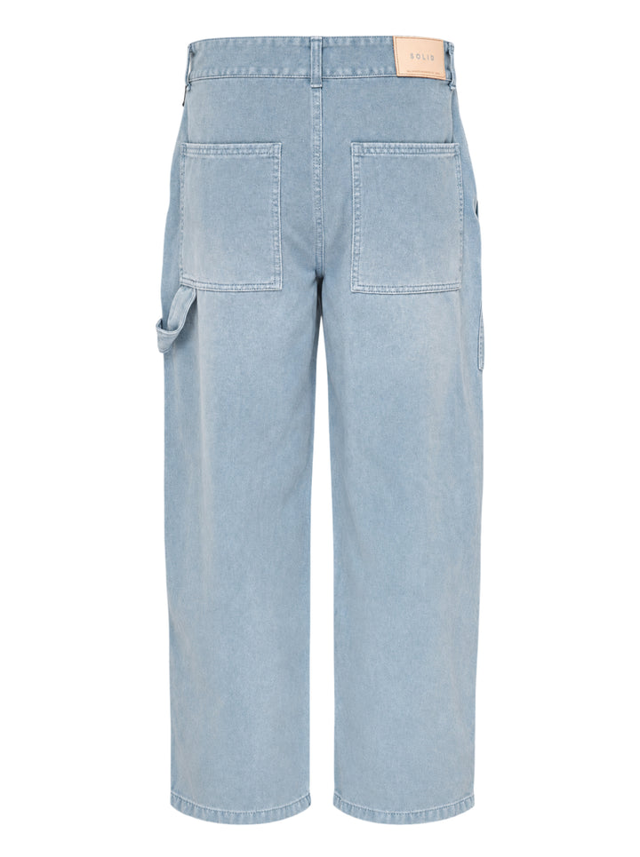 Solid Homme Straight Cut Washed Jeans in light blue stonewash denim, featuring a wide-leg silhouette, high-rise waist, and carpenter utility tab detail - view 2