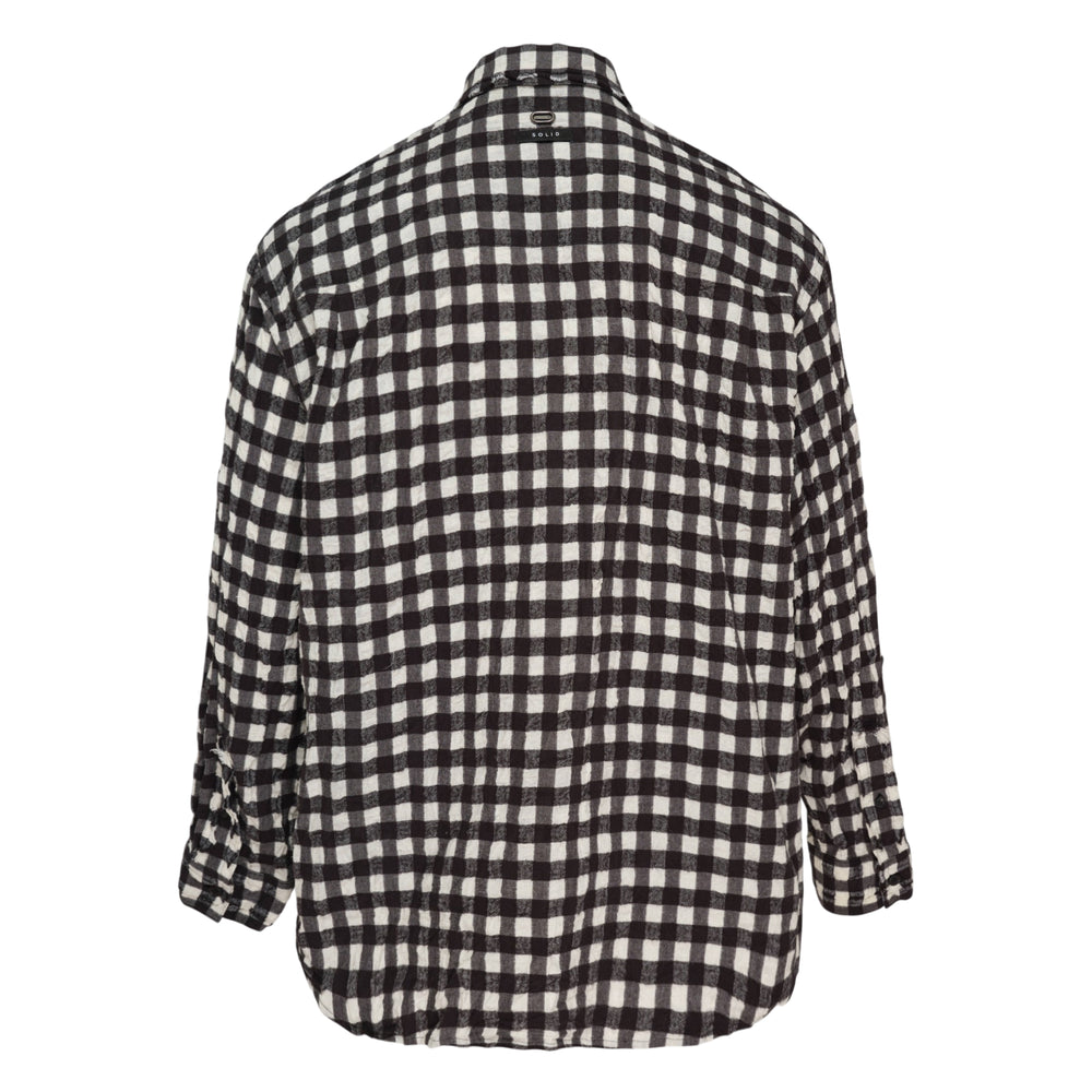Solid Homme Long Sleeve Crinkled Check Shirt in black and white gingham, featuring a button-down collar, chest patch pocket with distressed trim, and a relaxed silhouette