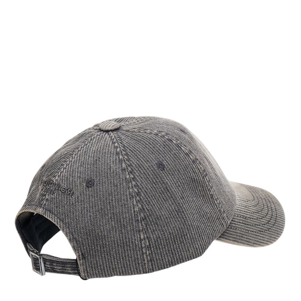 Wooyoungmi black cotton twill baseball cap with white embroidered WYM interlocking monogram on the front panel, shown from the front against a white background