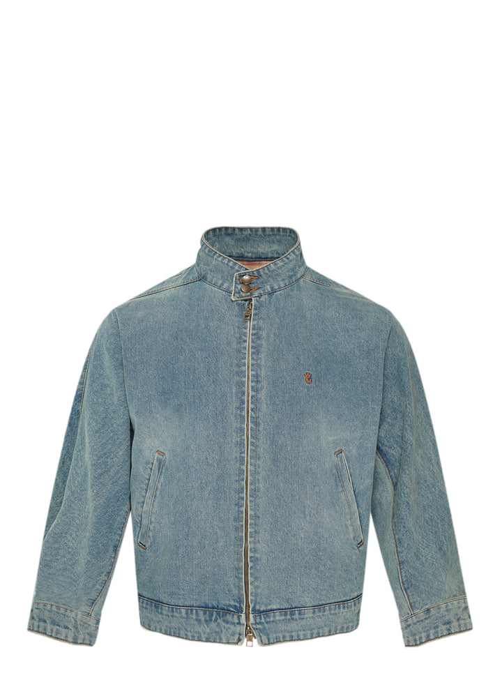 Wooyoungmi washed light indigo denim blouson with funnel collar, brass zip closure, hip pockets, and small logo embroidery on the chest