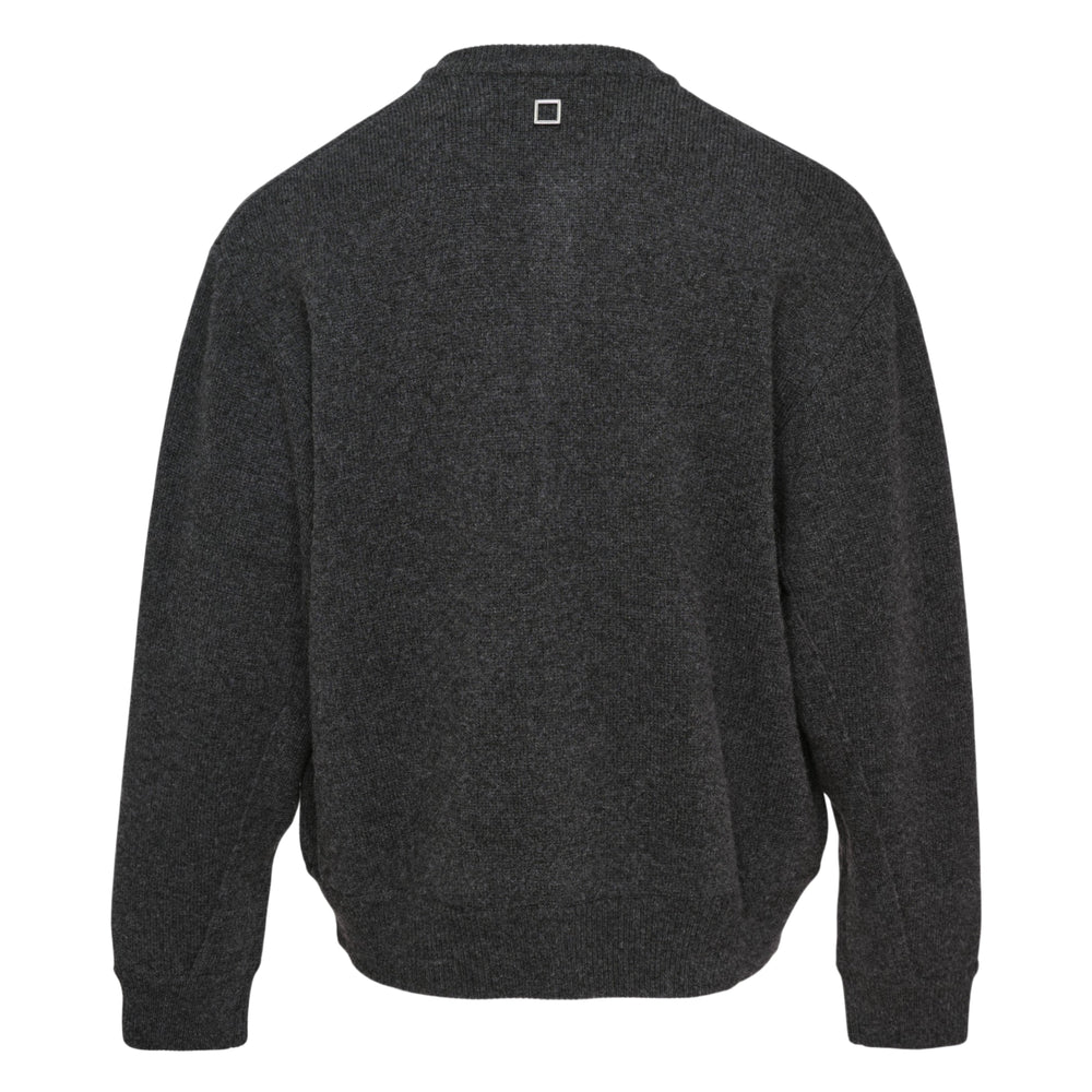 Wooyoungmi charcoal heathered knit cardigan with silver snap button fastening, collarband neckline, and ribbed cuffs and hem, displayed flat on a white background