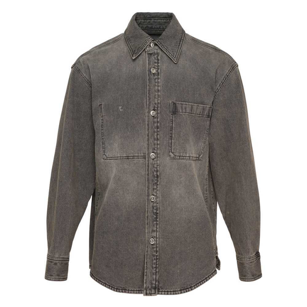 Wooyoungmi Back Logo Long Sleeve Shirt in dark indigo washed denim, featuring a pointed collar, snap-button placket, dual patch chest pockets, and an oversized relaxed silhouette with a woven label at the hem