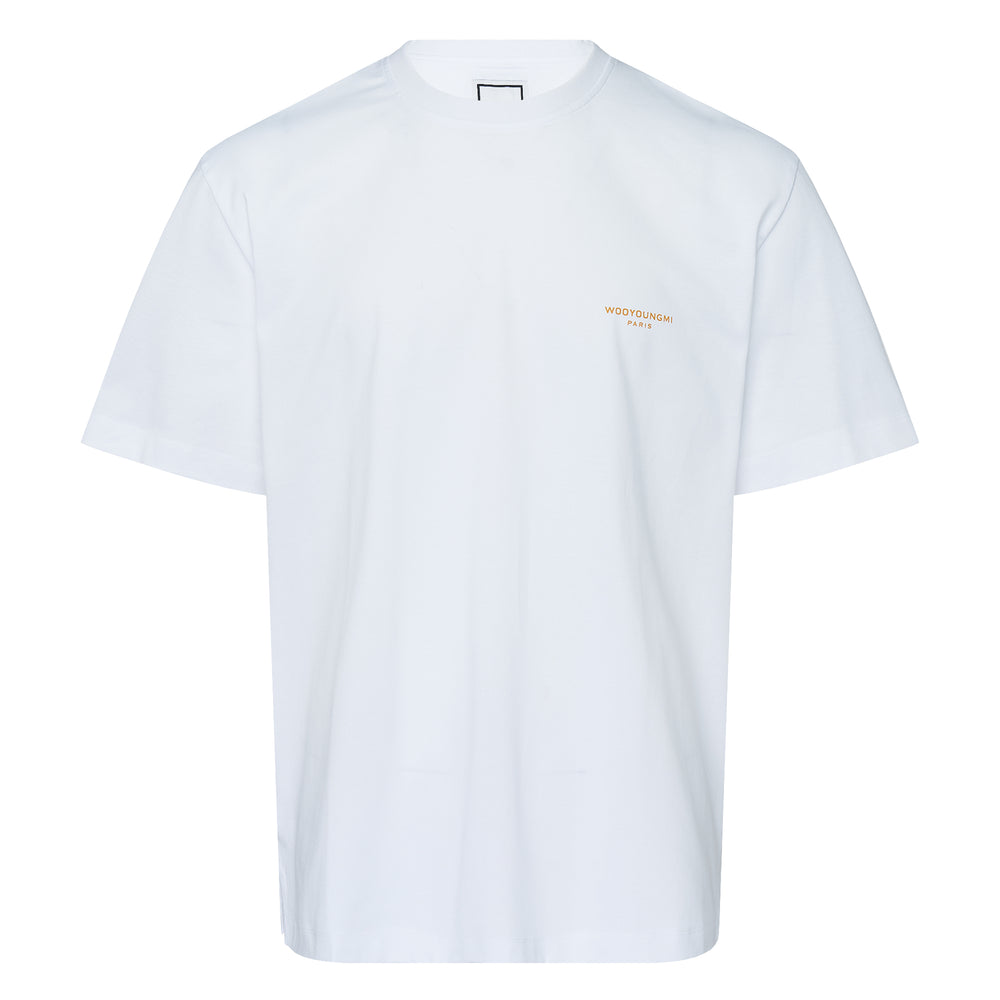 Wooyoungmi black short sleeve cotton tee with fuzzy embroidered Wooyoungmi Paris logo at the chest, crew neck, relaxed fit, product flat shot on white background