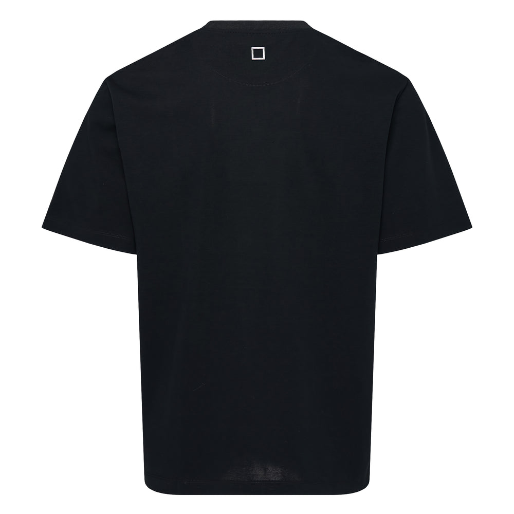 Wooyoungmi Nice Cotton Tee in black, featuring a relaxed fit, ribbed crew neck, short sleeves, and a woven Wooyoungmi Paris logo patch at the hem