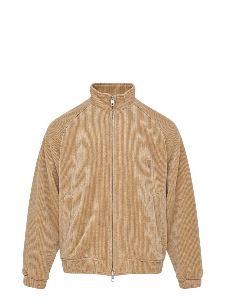 Wooyoungmi Flock Track Jacket in beige wide-wale corduroy with full-length silver zip, mock neck collar, raglan sleeves, and tonal logo patch