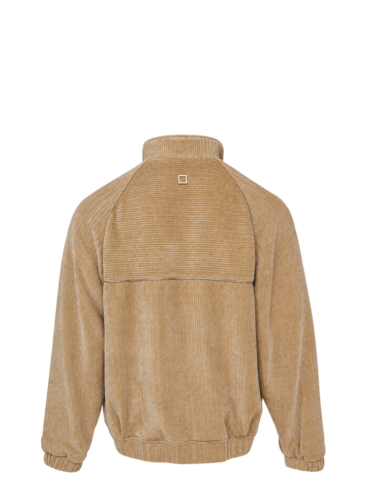 Wooyoungmi Flock Track Jacket in beige wide-wale corduroy with full-length silver zip, mock neck collar, raglan sleeves, and tonal logo patch - view 2