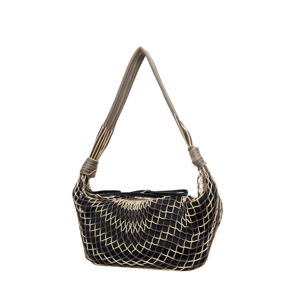 Lemaire Croissant Filt Shoulder Bag in black polyester with gold-tone net overlay and metallic mesh shoulder strap, front view on white background