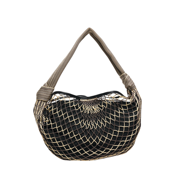 Lemaire Fortune Croissant Filet Bag in black with a gold macramé net overlay and a woven herringbone rope shoulder strap, photographed on a white background