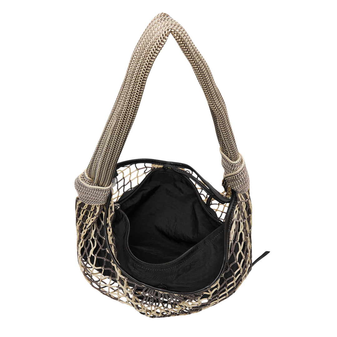 Lemaire Fortune Croissant Filet Bag in black with a gold macramé net overlay and a woven herringbone rope shoulder strap, photographed on a white background