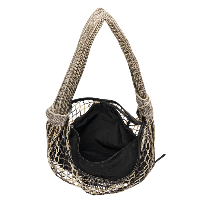 Lemaire Fortune Croissant Filet Bag in black with a gold macramé net overlay and a woven herringbone rope shoulder strap, photographed on a white background