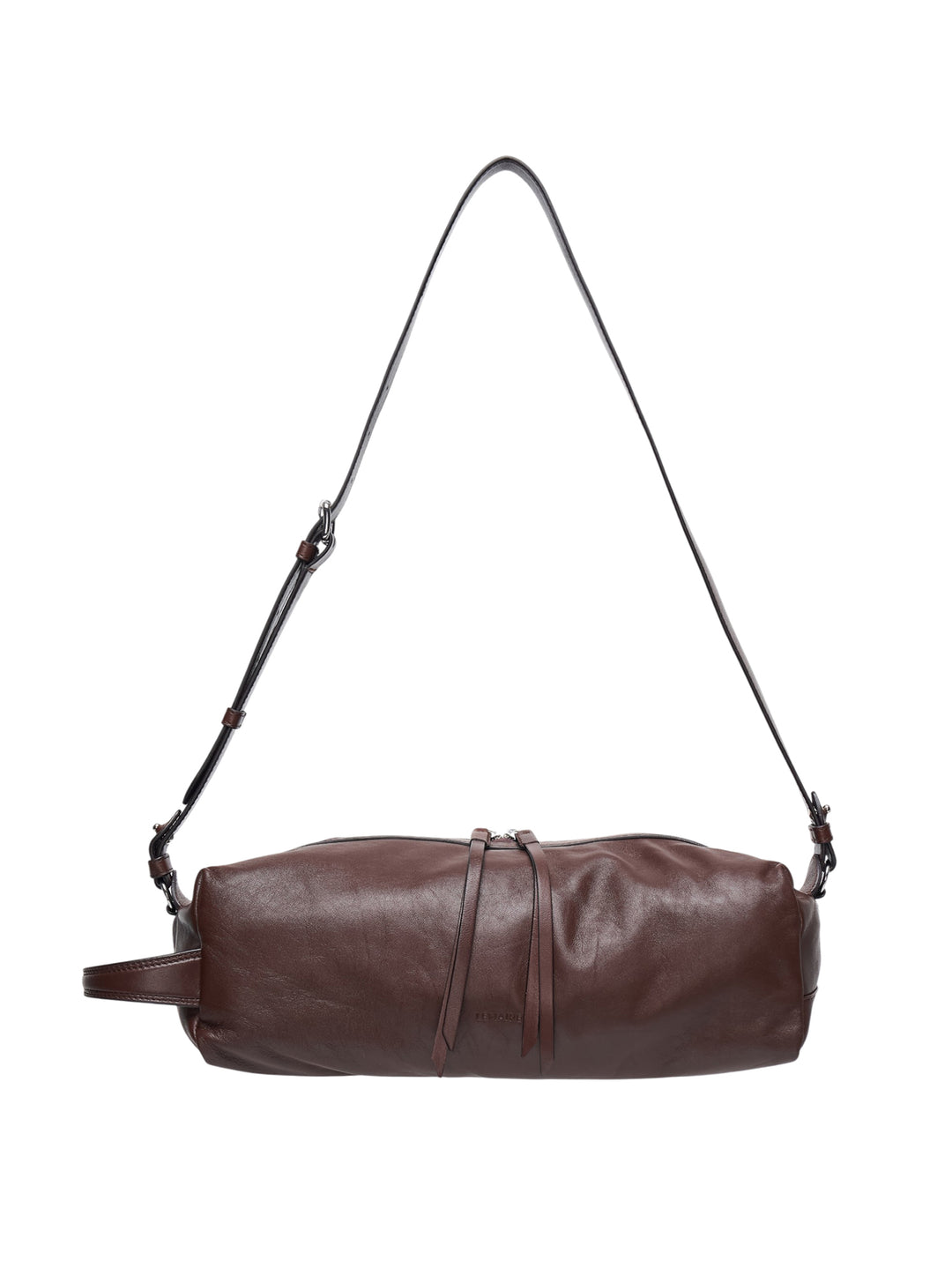 Lemaire Care Sling Bag in dark brown nappa lamb leather, cylindrical barrel shape with zip closure, leather tassel pull, and adjustable crossbody strap with gunmetal hardware