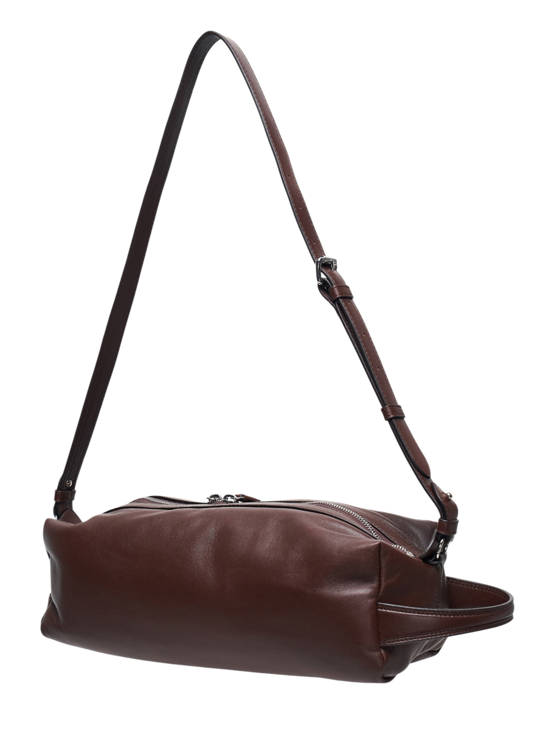 Lemaire Care Sling Bag in dark brown nappa lamb leather, cylindrical barrel shape with zip closure, leather tassel pull, and adjustable crossbody strap with gunmetal hardware - view 2