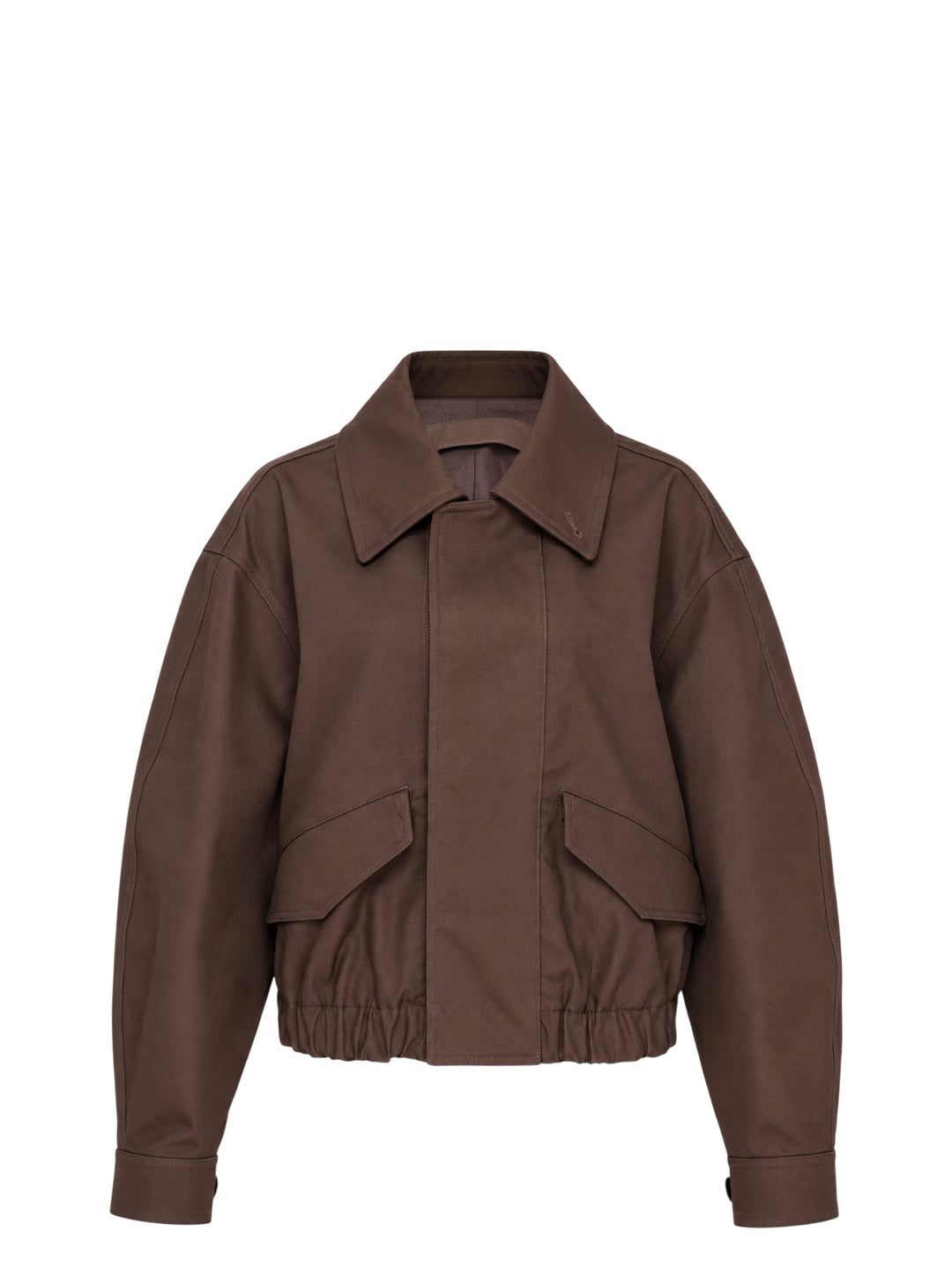 Lemaire short blouson in brown heavy cotton with pointed collar, flap pockets and elasticated hem