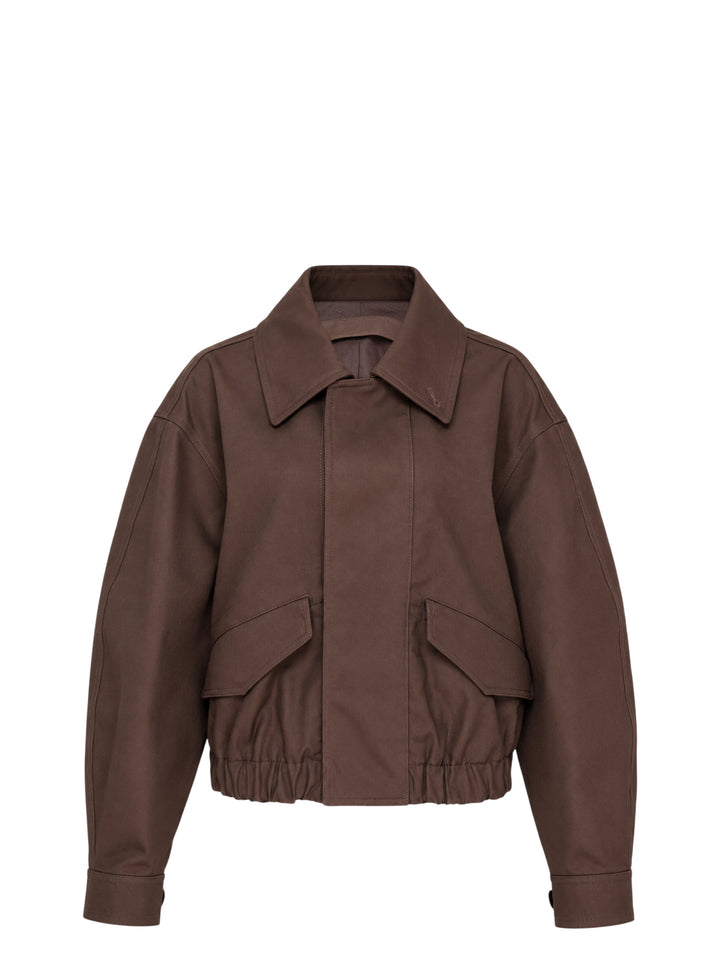 Lemaire short blouson in brown heavy cotton with pointed collar, flap pockets and elasticated hem