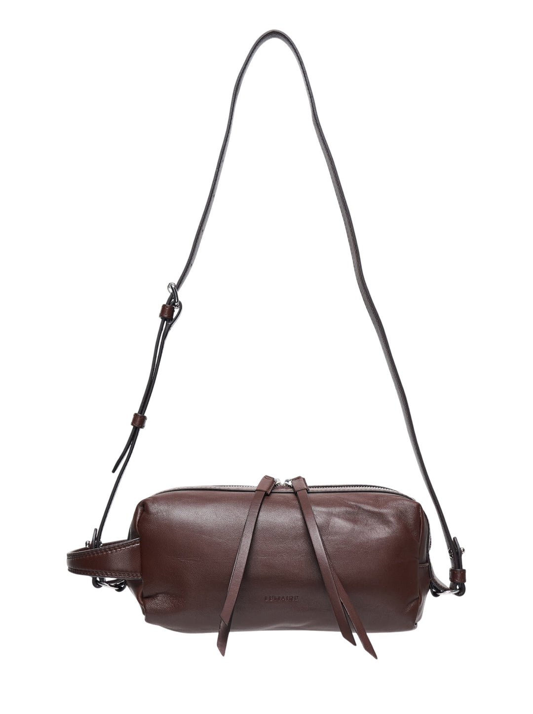 Lemaire Small Care Bag in dark brown nappa lambskin with zip closure, centre leather tie detail, and adjustable crossbody strap