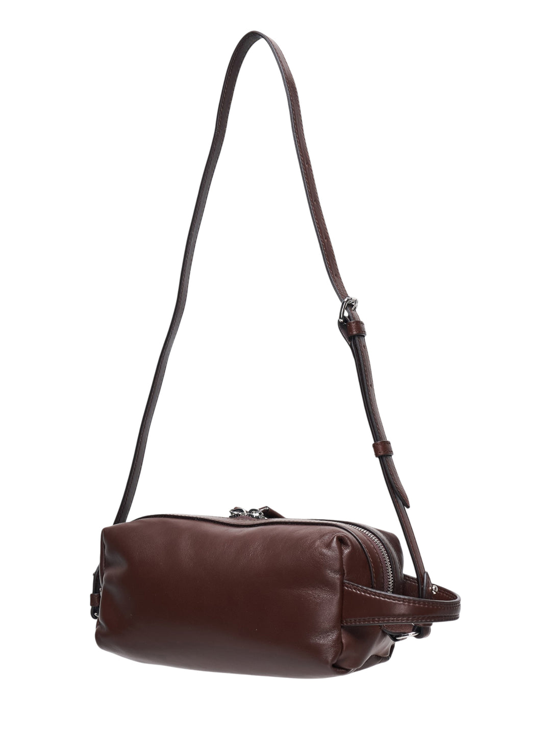 Lemaire Small Care Bag in dark brown nappa lambskin with zip closure, centre leather tie detail, and adjustable crossbody strap - view 2