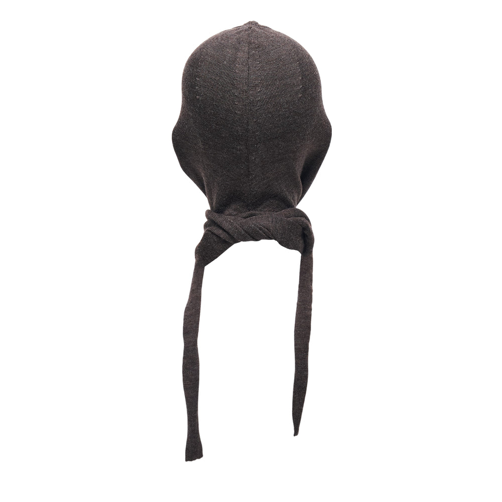 Lemaire Fine Merino Wool Head Scarf in dark brown, shown from the back displaying the shaped hood crown and long trailing knit wrap ties with woven brand label visible - view 2
