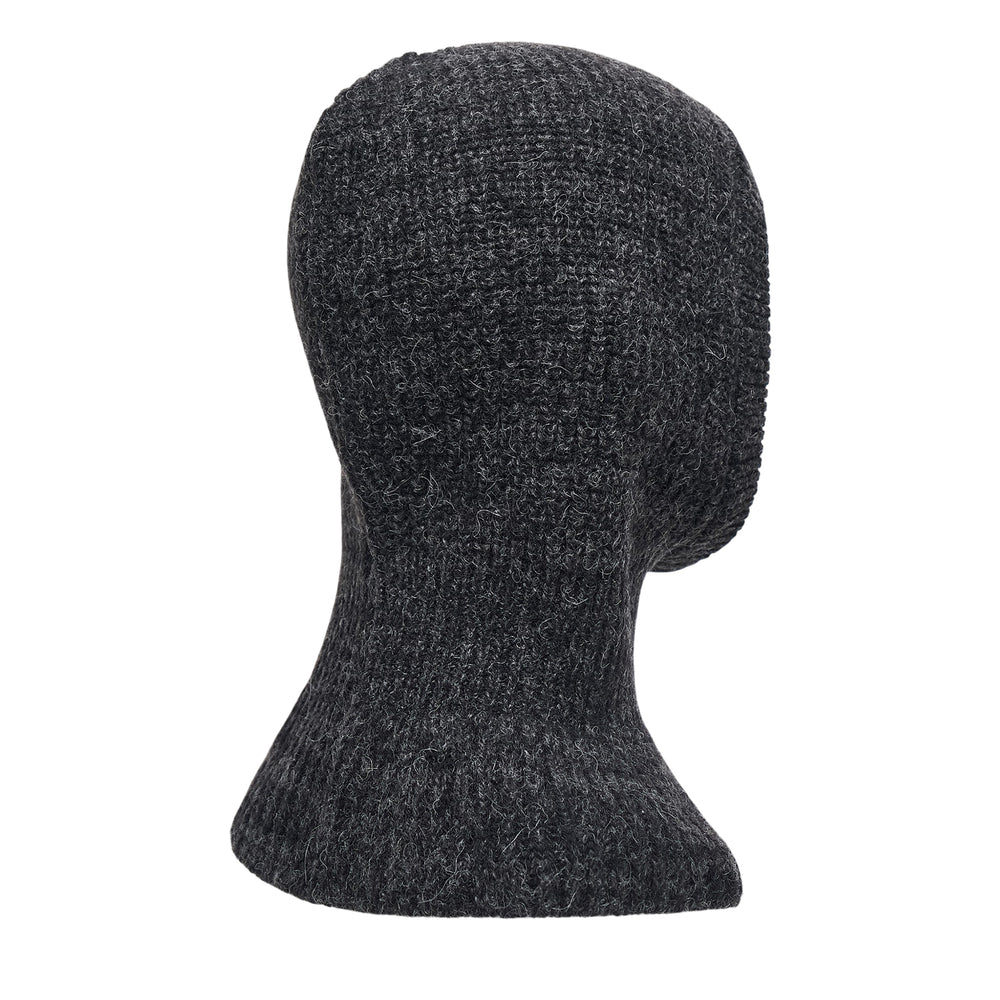 Lemaire Yak Alpaca Hood in charcoal grey, shown from the front on a display stand, with a large oval face opening and ribbed neck extension - view 2