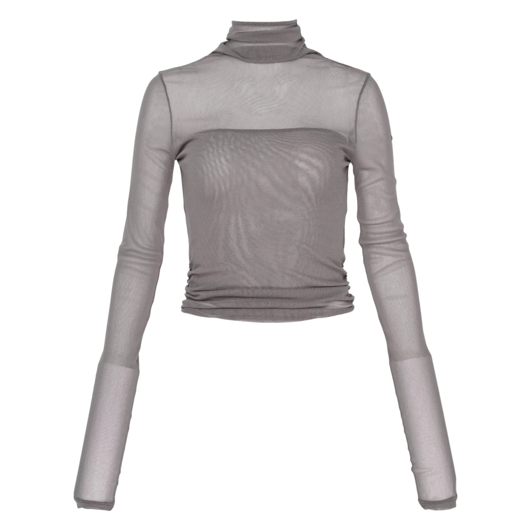 Lemaire Ballerina Foulard Mesh Top in grey — sheer fine-knit turtleneck with long sleeves, integrated bandeau inner layer, and cropped gathered hem, photographed flat on a white background