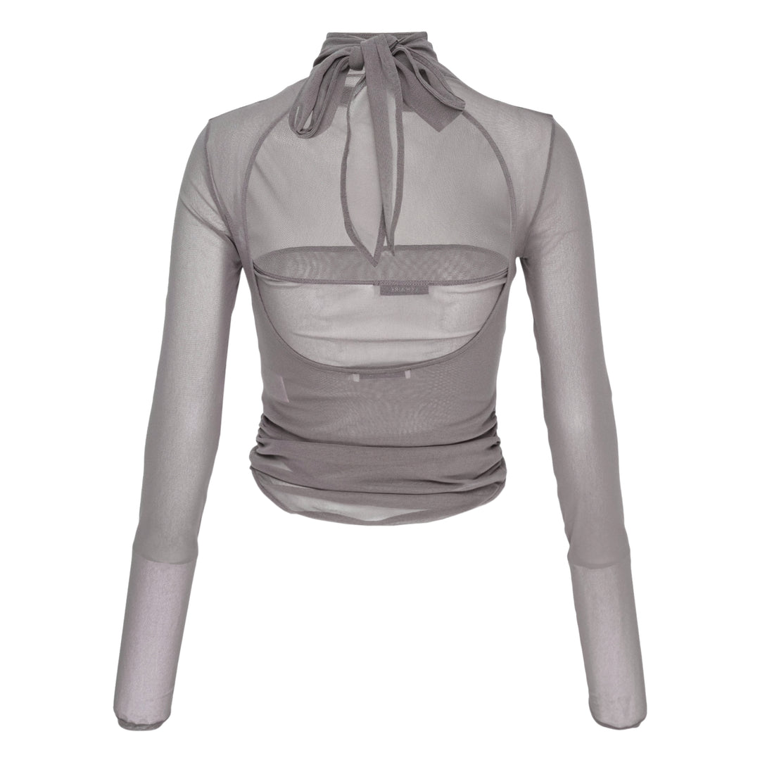 Lemaire Ballerina Foulard Mesh Top in grey — sheer fine-knit turtleneck with long sleeves, integrated bandeau inner layer, and cropped gathered hem, photographed flat on a white background