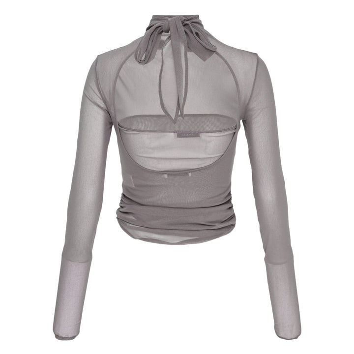 Lemaire Ballerina Foulard Mesh Top in grey — sheer fine-knit turtleneck with long sleeves, integrated bandeau inner layer, and cropped gathered hem, photographed flat on a white background