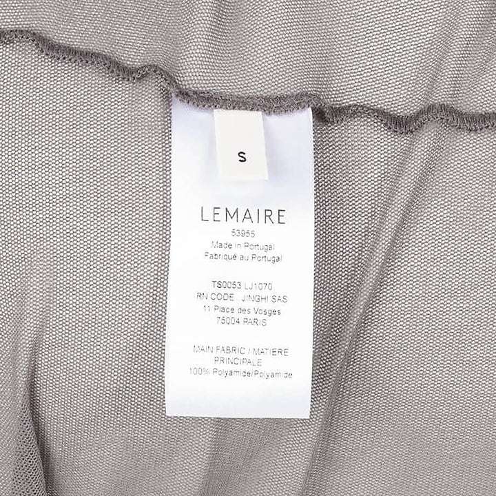 Lemaire Ballerina Foulard Mesh Top in grey — sheer fine-knit turtleneck with long sleeves, integrated bandeau inner layer, and cropped gathered hem, photographed flat on a white background