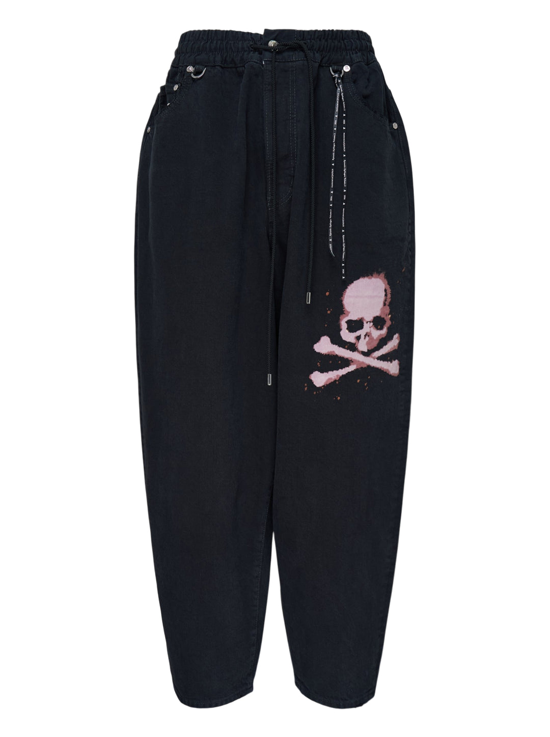 Mastermind wide easy denim pants in washed black with a pink skull and crossbones graphic, drawcord waist and metal D-ring details