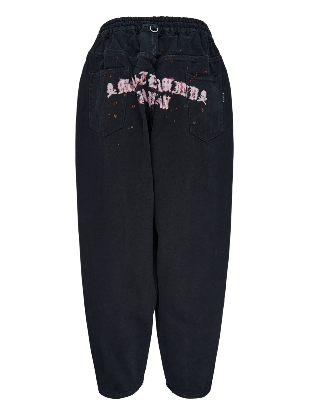 Mastermind wide easy denim pants in washed black with a pink skull and crossbones graphic, drawcord waist and metal D-ring details - view 2