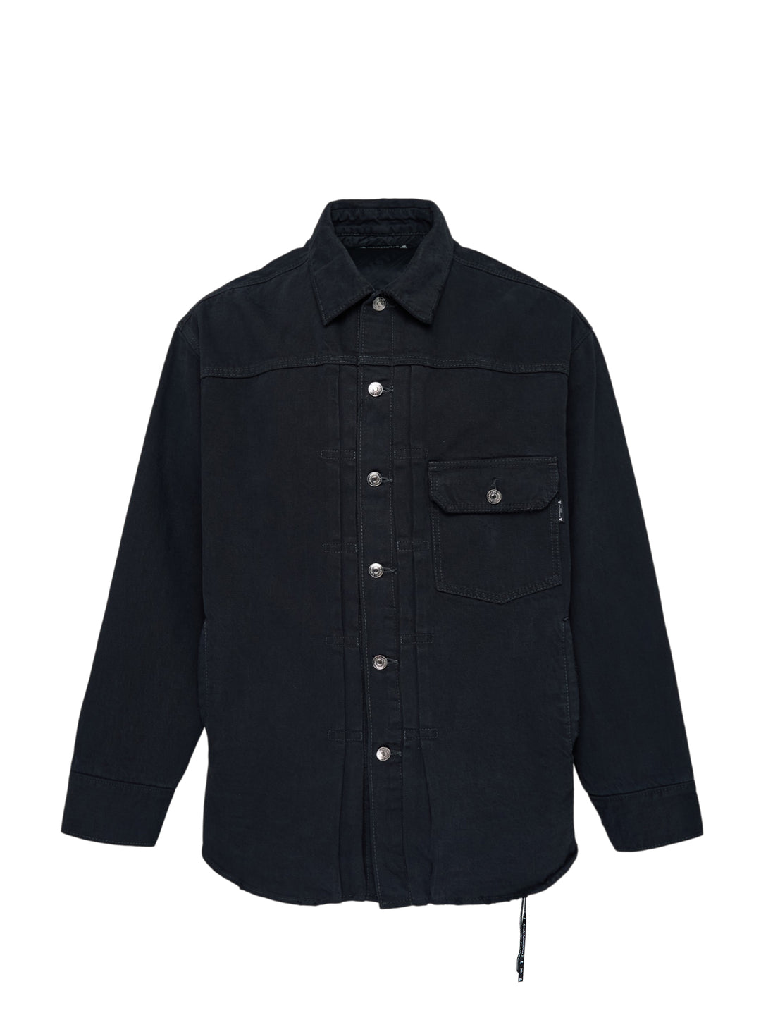 Mastermind washed black denim shirt jacket with pleated front, snap buttons and flap chest pocket