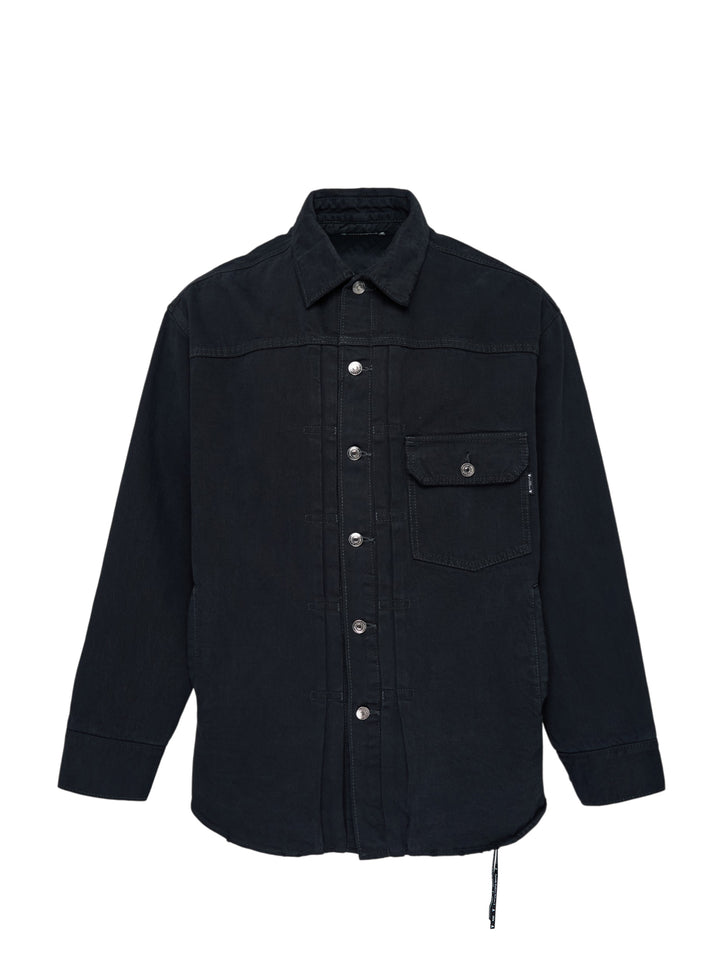 Mastermind washed black denim shirt jacket with pleated front, snap buttons and flap chest pocket