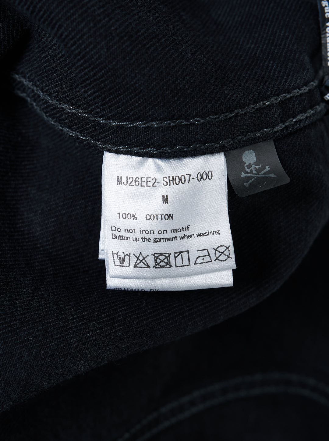 Mastermind washed black denim shirt jacket with pleated front, snap buttons and flap chest pocket - view 3