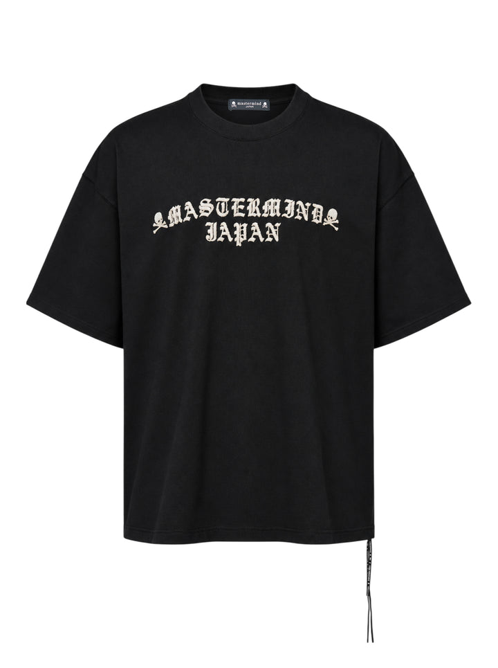 Mastermind Former OG short sleeve tee in black with embroidered blackletter Mastermind Japan lettering and skull and crossbones motifs