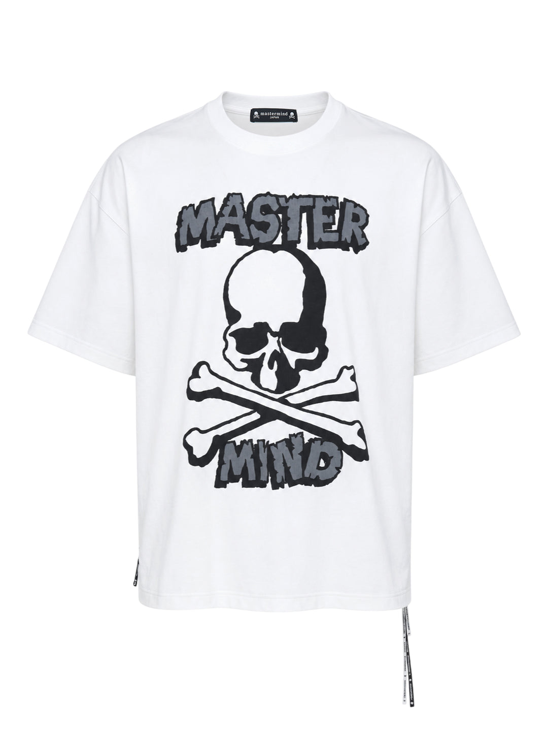 Mastermind white short sleeve tee with a large black and grey skull and crossbones graphic and MASTER MIND lettering