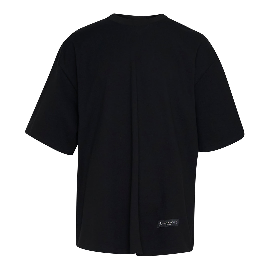 Mastermind Japan Aurora Boxy Short Sleeve Tee in black, back view, showing oversized silhouette and woven branding label at hem
