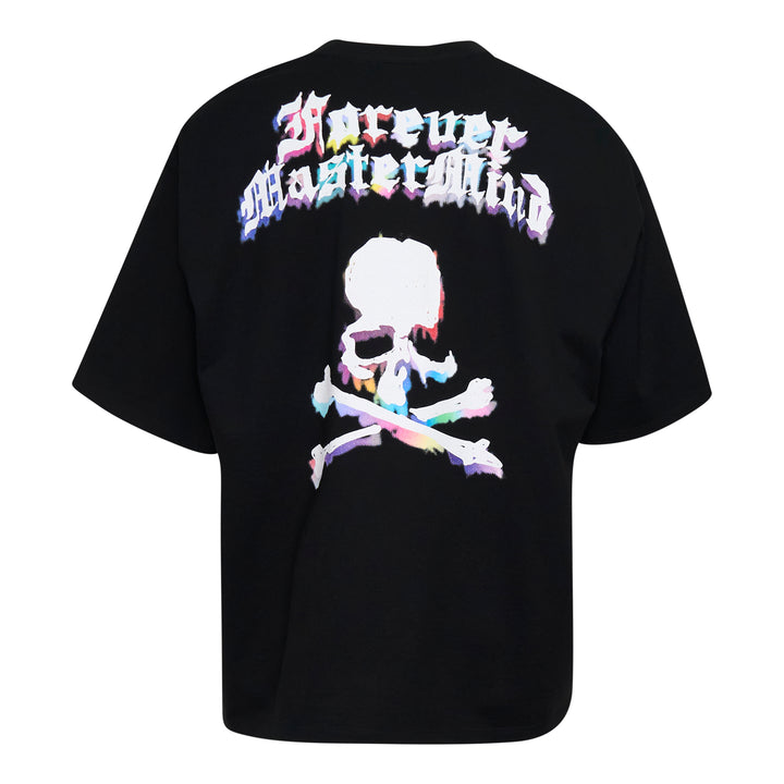 Mastermind Japan Aurora Boxy Short Sleeve Tee in black, back view, showing oversized silhouette and woven branding label at hem