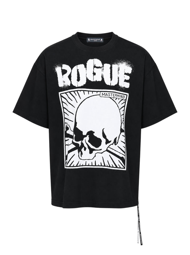 Mastermind black boxy short sleeve tee with white spray-stencil ROGUE lettering and a framed cartoon skull and crossbones graphic