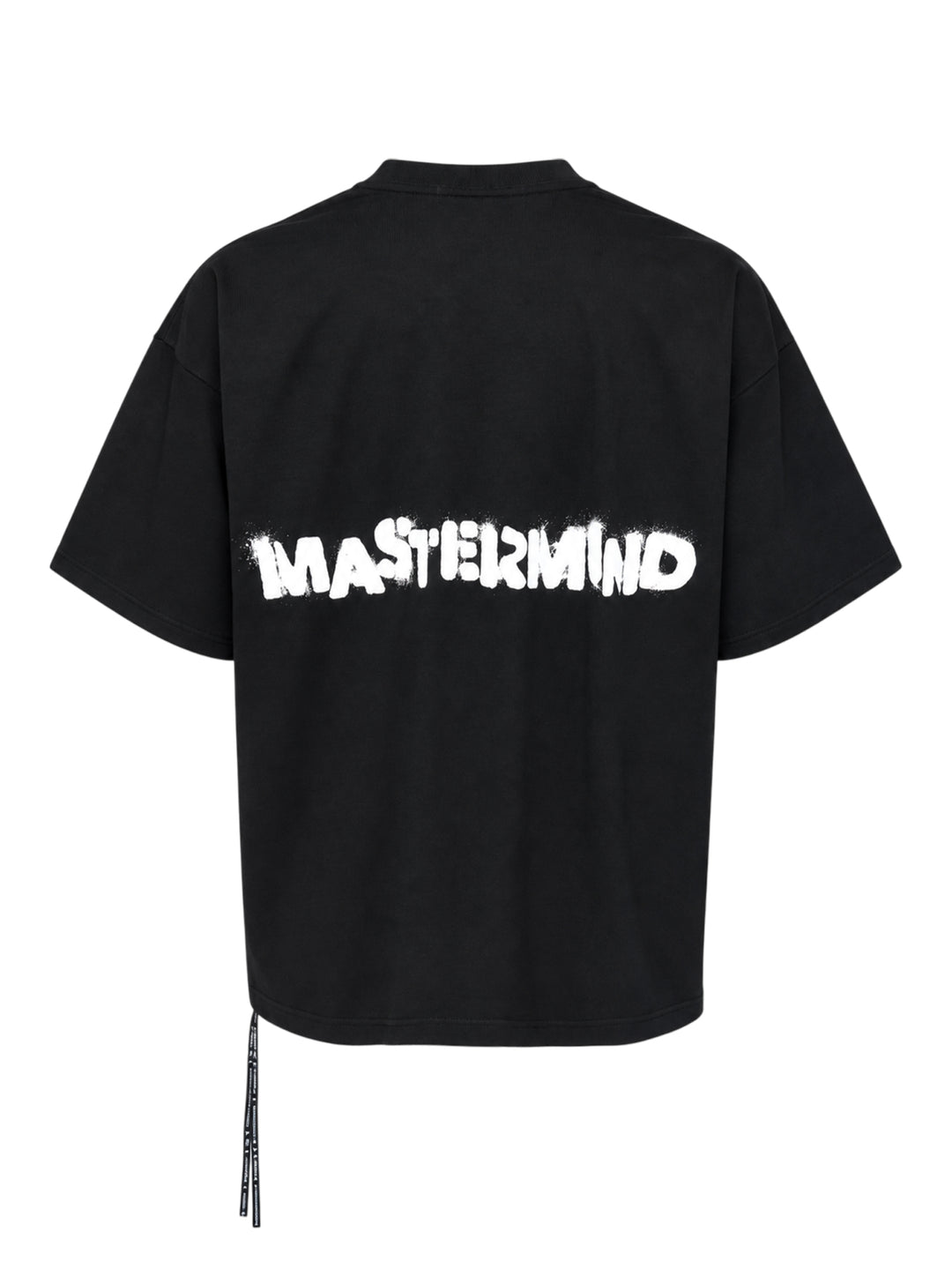 Mastermind black boxy short sleeve tee with white spray-stencil ROGUE lettering and a framed cartoon skull and crossbones graphic - view 2