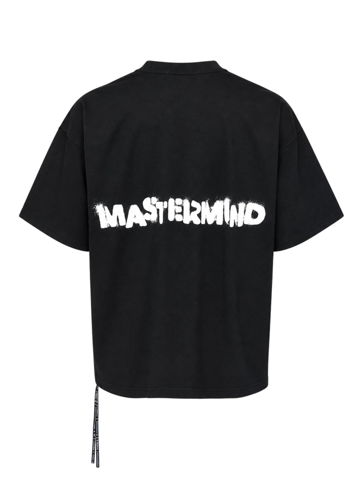 Mastermind black boxy short sleeve tee with white spray-stencil ROGUE lettering and a framed cartoon skull and crossbones graphic - view 2
