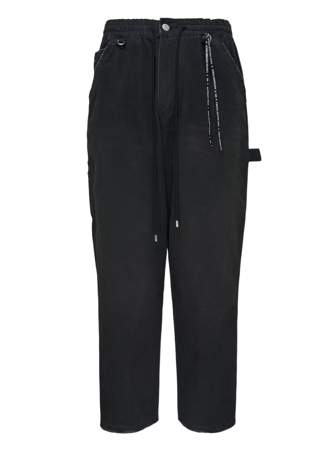 Mastermind stone washed straight easy pants in faded black with drawstring waist, hammer loop and branded cord detail