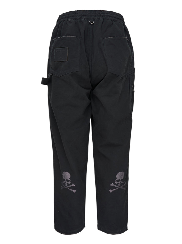 Mastermind stone washed straight easy pants in faded black with drawstring waist, hammer loop and branded cord detail - view 2