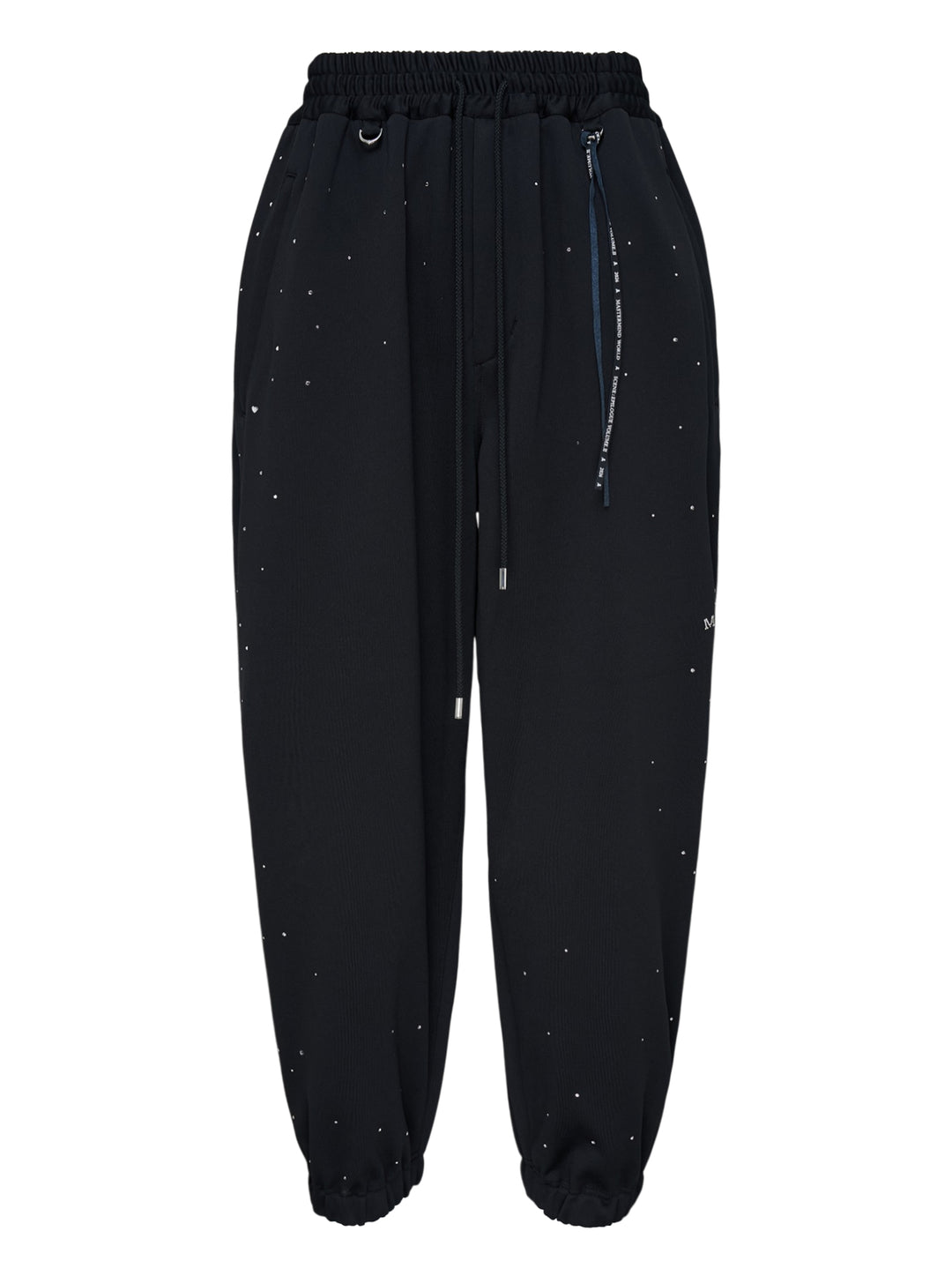 Mastermind black jersey joggers embellished with scattered Swarovski crystals, with drawstring waist, D-ring and ribbon tassel detail