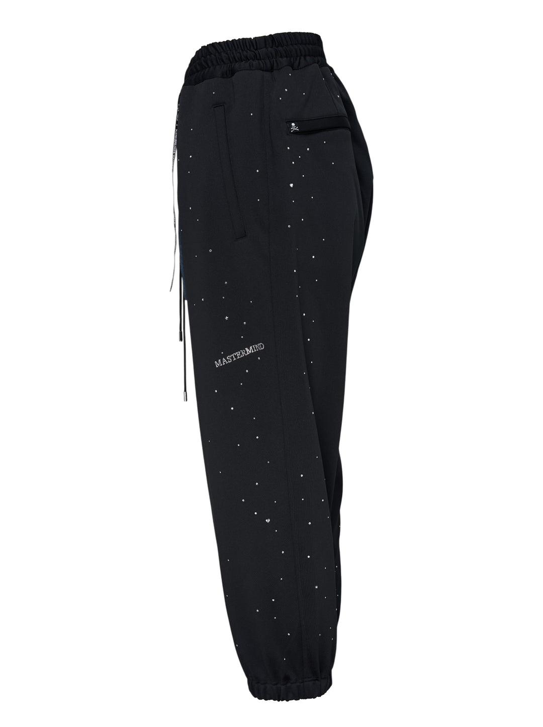 Mastermind black jersey joggers embellished with scattered Swarovski crystals, with drawstring waist, D-ring and ribbon tassel detail - view 2
