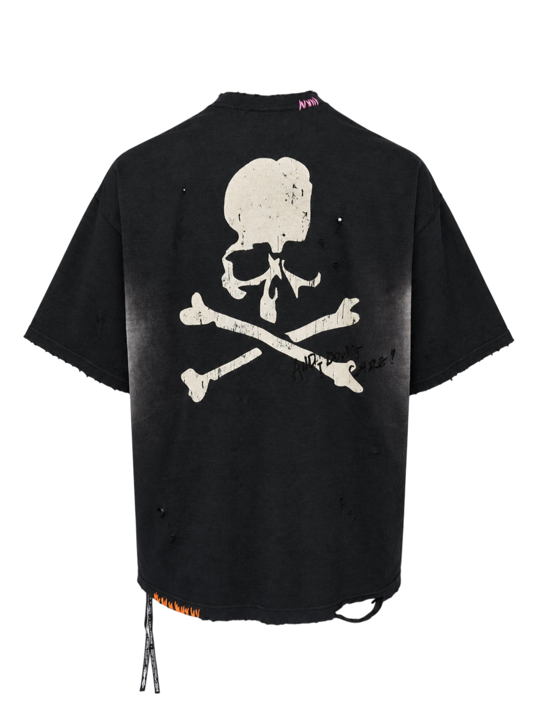Mastermind OG Vintage boxy short sleeve tee in faded black with distressed details, contrast hand-stitched collar trim and Mastermind World skull logo print - view 2