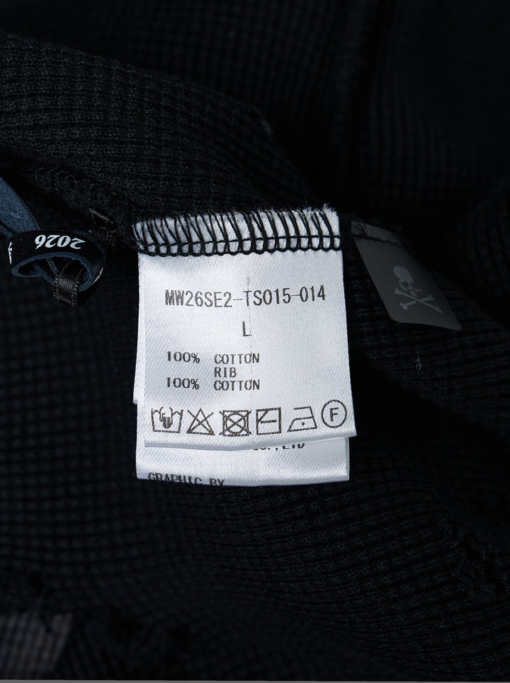 Mastermind black vintage waffle long sleeve tee with 'Too boring...' slogan print and distressed raw hem - view 3