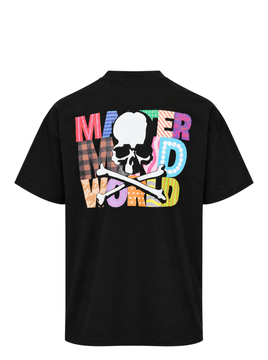 Mastermind World black boxy short sleeve tee with multicolour plaid-patterned arched logo wordmark printed across the chest - view 2