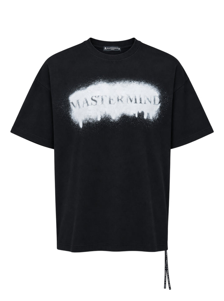 Mastermind black short sleeve tee with a white spray-paint stencil logo graphic on the chest and a logo drawcord at the hem