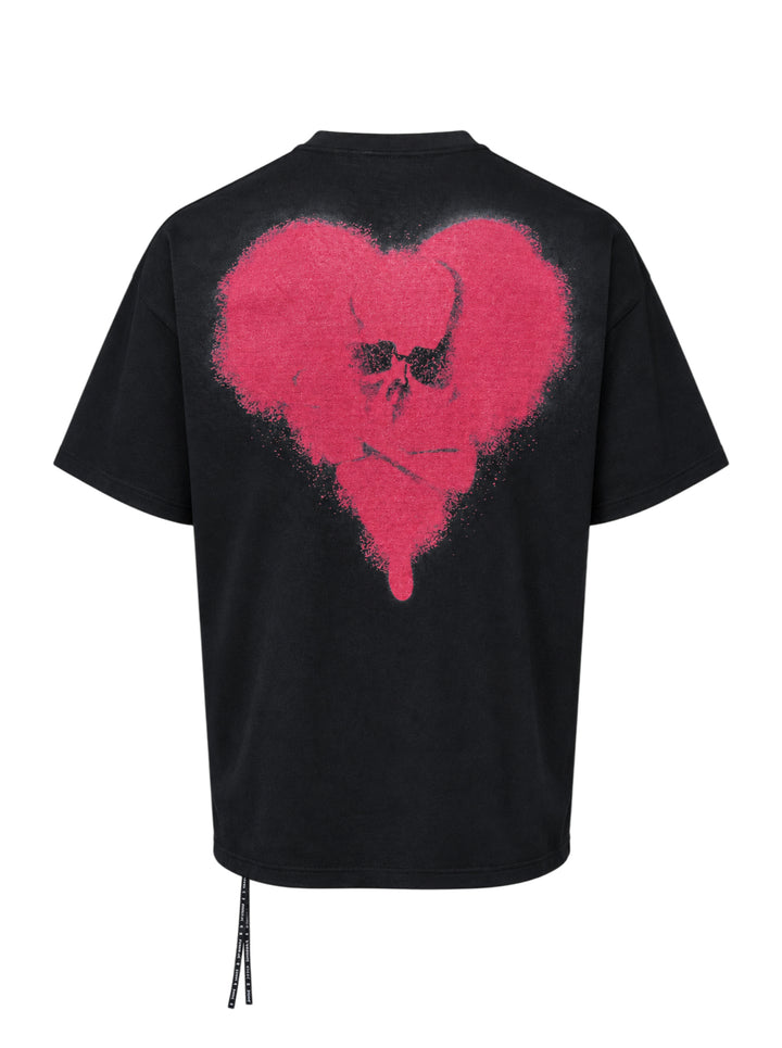 Mastermind black short sleeve tee with a white spray-paint stencil logo graphic on the chest and a logo drawcord at the hem - view 2
