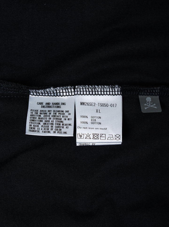 Mastermind black short sleeve tee with a white spray-paint stencil logo graphic on the chest and a logo drawcord at the hem - view 3