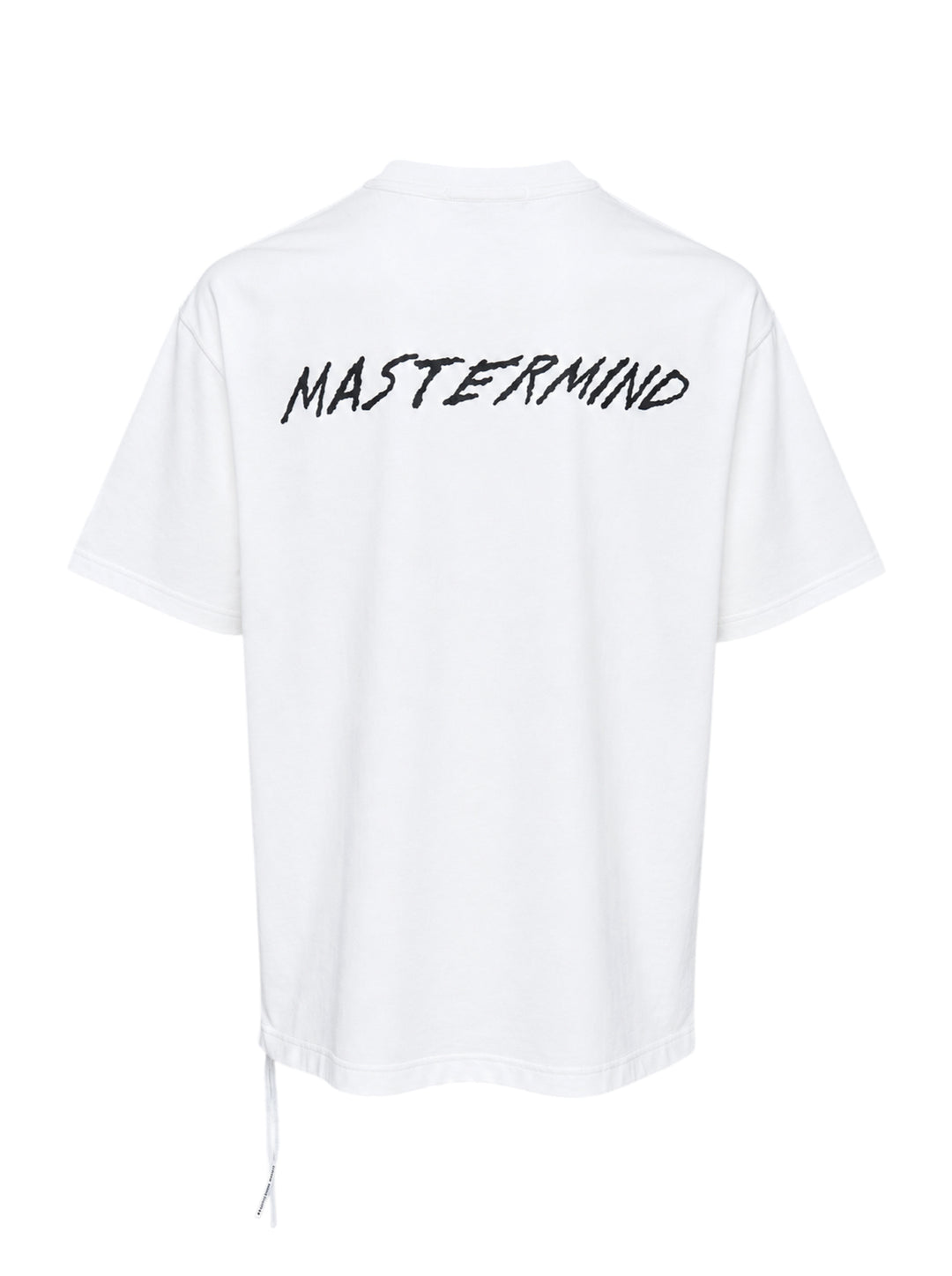 Mastermind World Skull Kid white short sleeve tee with pink skull-and-crossbones graphic and black vertical lettering - view 2