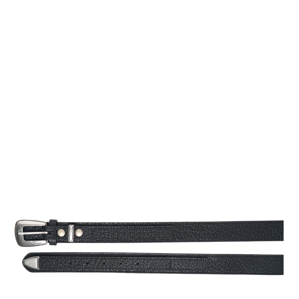Lemaire Minimal Western Grained Belt in black pebbled leather, coiled and displayed with a rounded silver-tone western buckle and metal keeper loop - view 2